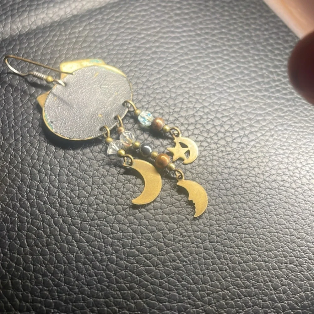 Vintage handmade stamped brass celestial style dangle drop earrings